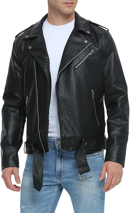 Fahsyee Giacca da uomo in pelle sintetica – Giacca da motociclista slim fit in stile bomber con colletto a risvolto e cerniera, Nero