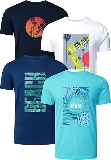 FULL TIME SPORTS PRINT-003 T-shirt da uomo, confezione da 4 – 100% cotone, maniche corte, girocollo, magliette basic stampate per il tempo libero e l'uso quotidiano