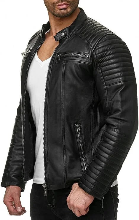 Fahsyee - Giacca da uomo in similpelle, vestibilità slim, stile bomber, con collo a risvolto e cerniera, colore nero