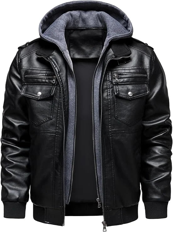 HOOD CREW Giacca in ecopelle da uomo con cappuccio – Giacca da motociclista impermeabile e antivento in stile bomber vintage